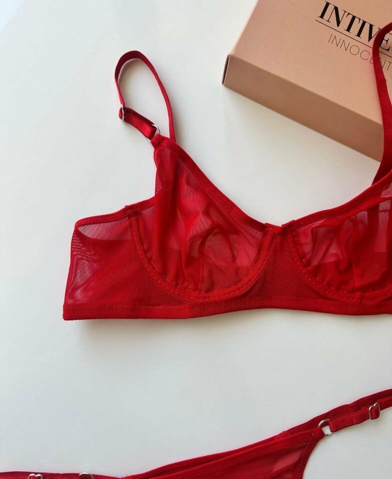 Monica Transparan Tül Kumaş Sütyen Tanga Takım Kırmızı - 90