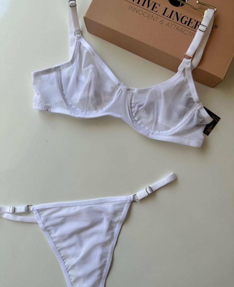 Monica Transparan Tül Kumaş Sütyen Tanga Takım Beyaz - 90