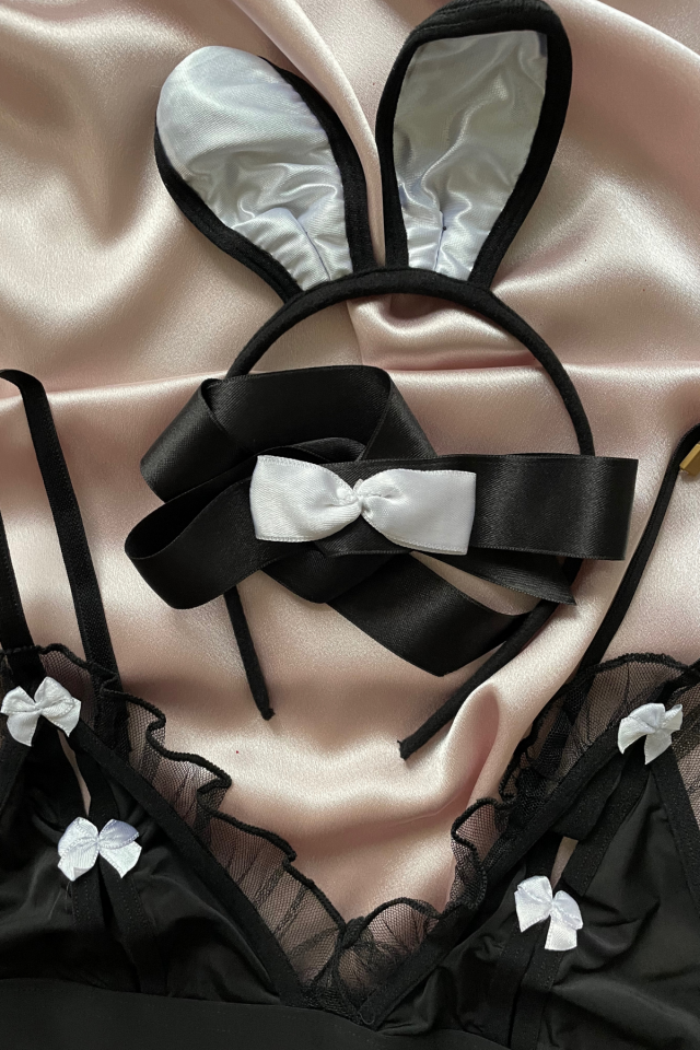 Kadın Siyah Fantezi Seksi 6 Parça Kadın Tavşan Kostüm - Bunny Siyah - L