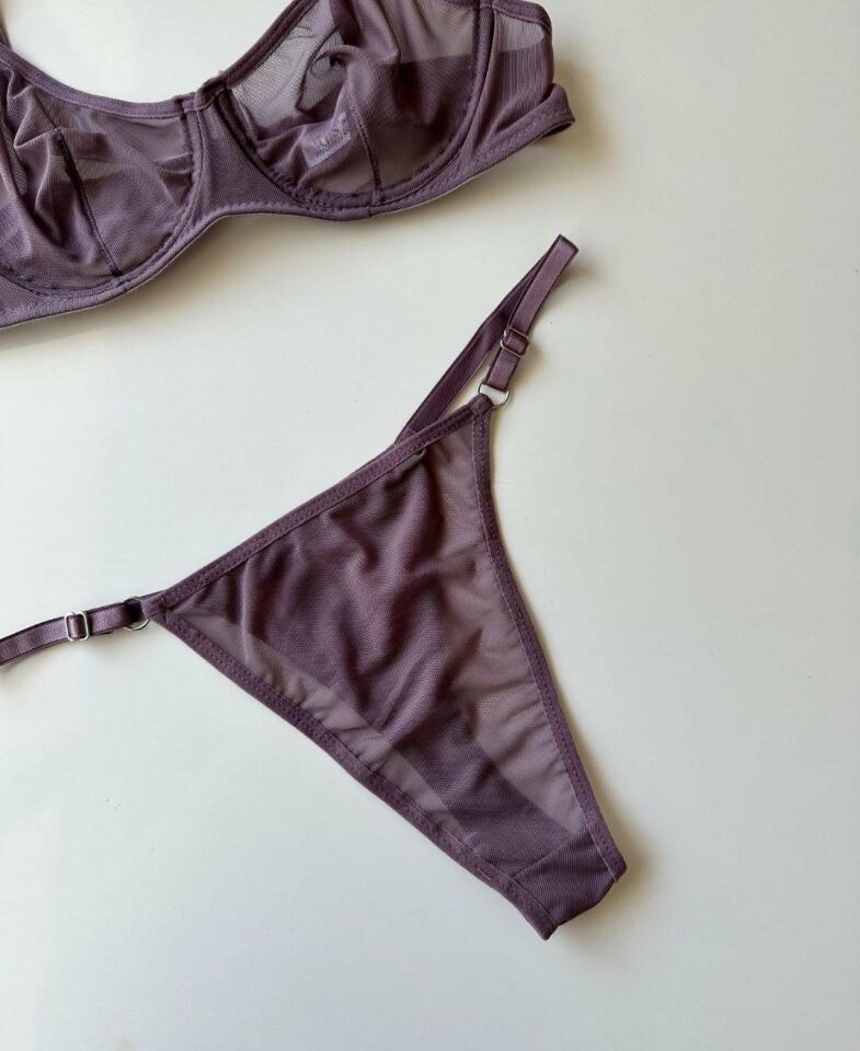 Monica Transparan Tül Kumaş Sütyen Tanga Takım Mor - 90