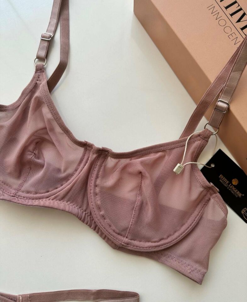 Monica Transparan Tül Kumaş Sütyen Tanga Takım Gül Kurusu - 80