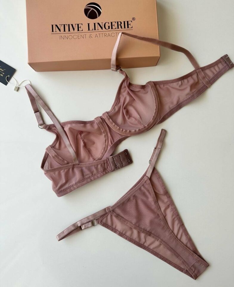 Monica Transparan Tül Kumaş Sütyen Tanga Takım Gül Kurusu - 80