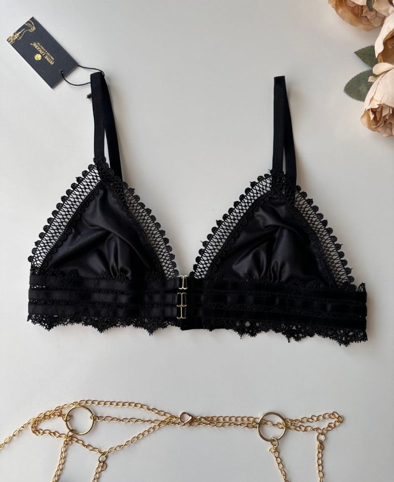 Lipa Siyah Saten ve Zincir Detaylı Balensiz Seksi Jartiyer Takım-8411 Siyah - S