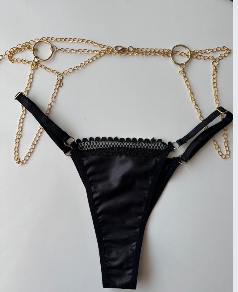 Lipa Siyah Saten ve Zincir Detaylı Balensiz Seksi Jartiyer Takım-8411 Siyah - S