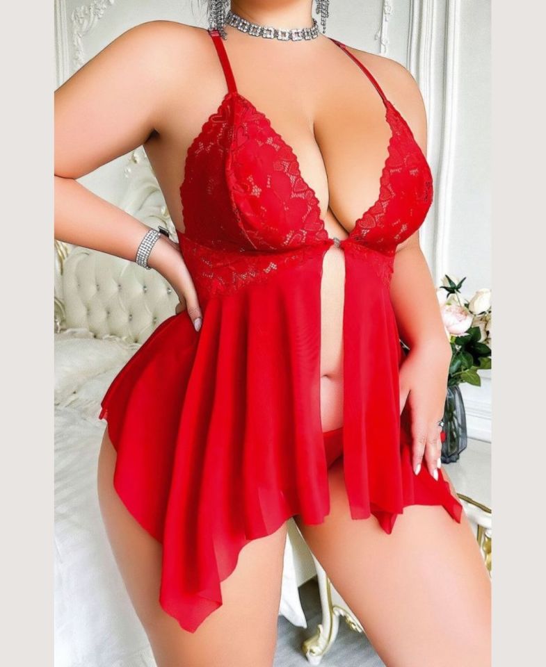 Kadın Büyük Beden Kırmızı Göğüs Dekolteli Fantezi Takım (XL/2XL-3XL/4XL)-3669 Kırmızı - XL/2XL