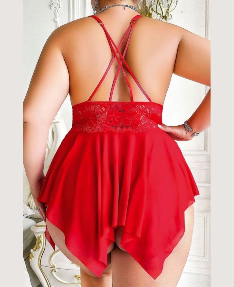 Kadın Büyük Beden Kırmızı Göğüs Dekolteli Fantezi Takım (XL/2XL-3XL/4XL)-3669 Kırmızı - XL/2XL