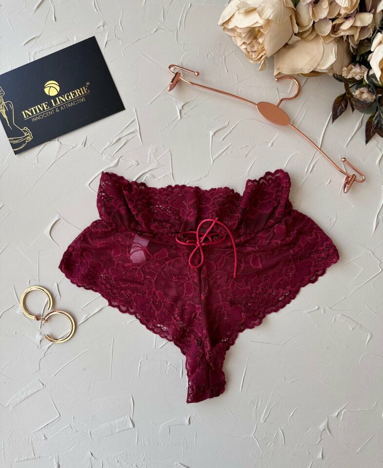 Intive Babe Dantelli Arkası Bağlama Detaylı Yüksek Bel Brazilian Tanga Bordo - XS/S