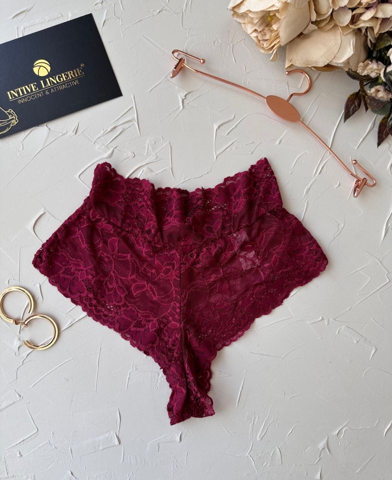 Intive Babe Dantelli Arkası Bağlama Detaylı Yüksek Bel Brazilian Tanga Bordo - XS/S