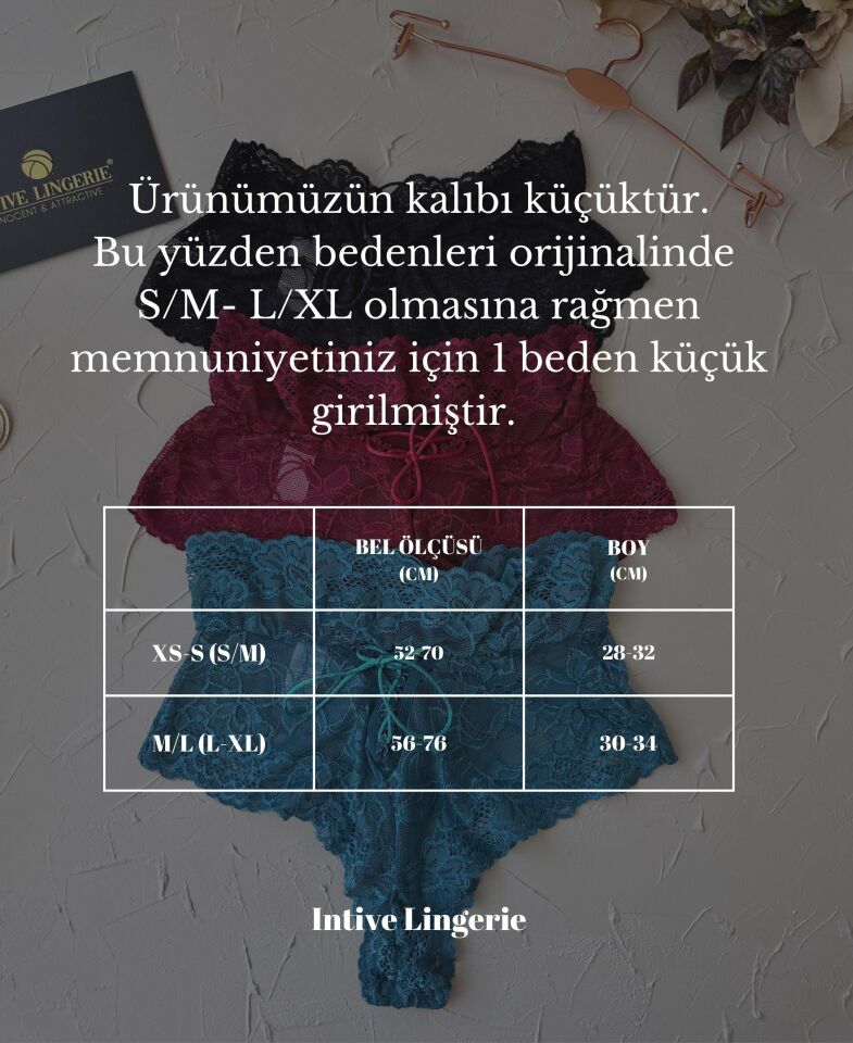Intive Babe Dantelli Arkası Bağlama Detaylı Yüksek Bel Brazilian Tanga Bordo - XS/S