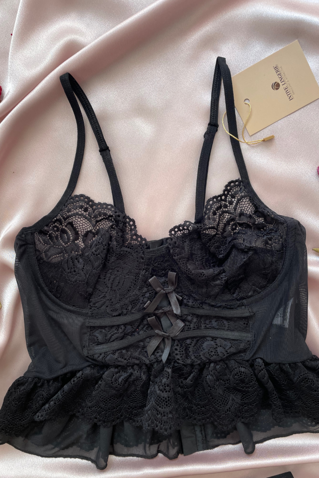 Kadın Siyah Tül Kumaş Fırfırlı Balenli Tasarım Seksi Büstiyer Takım - Katty Siyah - M/L