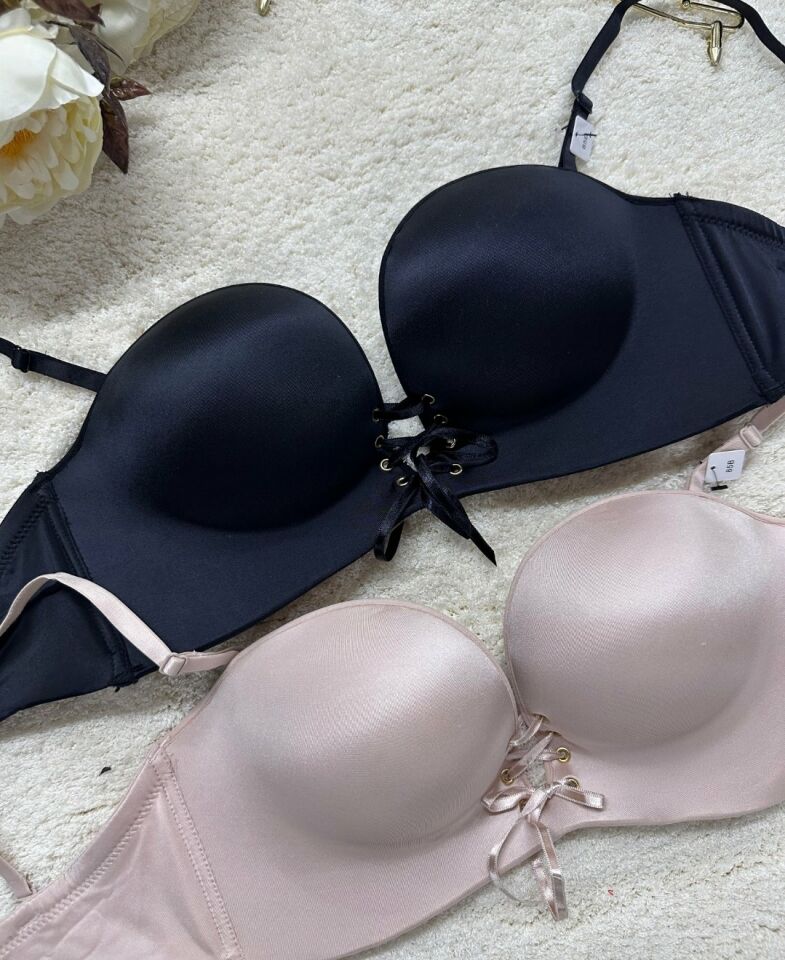 Marissa Basic İthal El Cuplı Double Push-up Kaydırmaz Silikonlu Straplez Sütyen Siyah - 85B