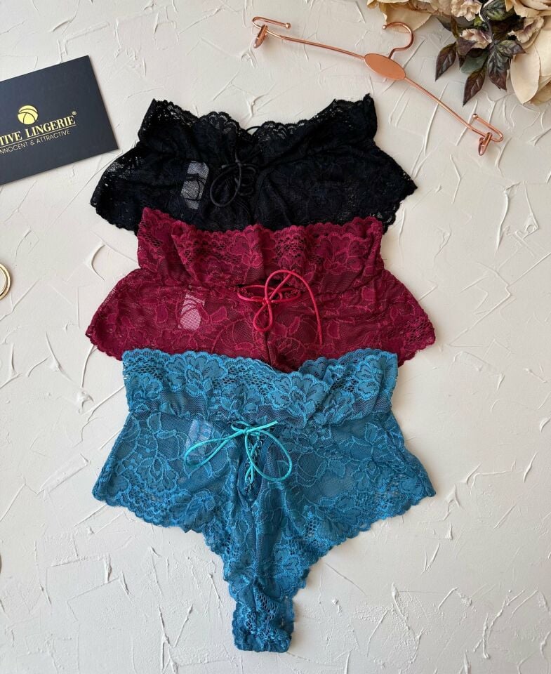 Intive Babe Dantelli Arkası Bağlama Detaylı Yüksek Bel Brazilian Tanga Mavi - XS/S