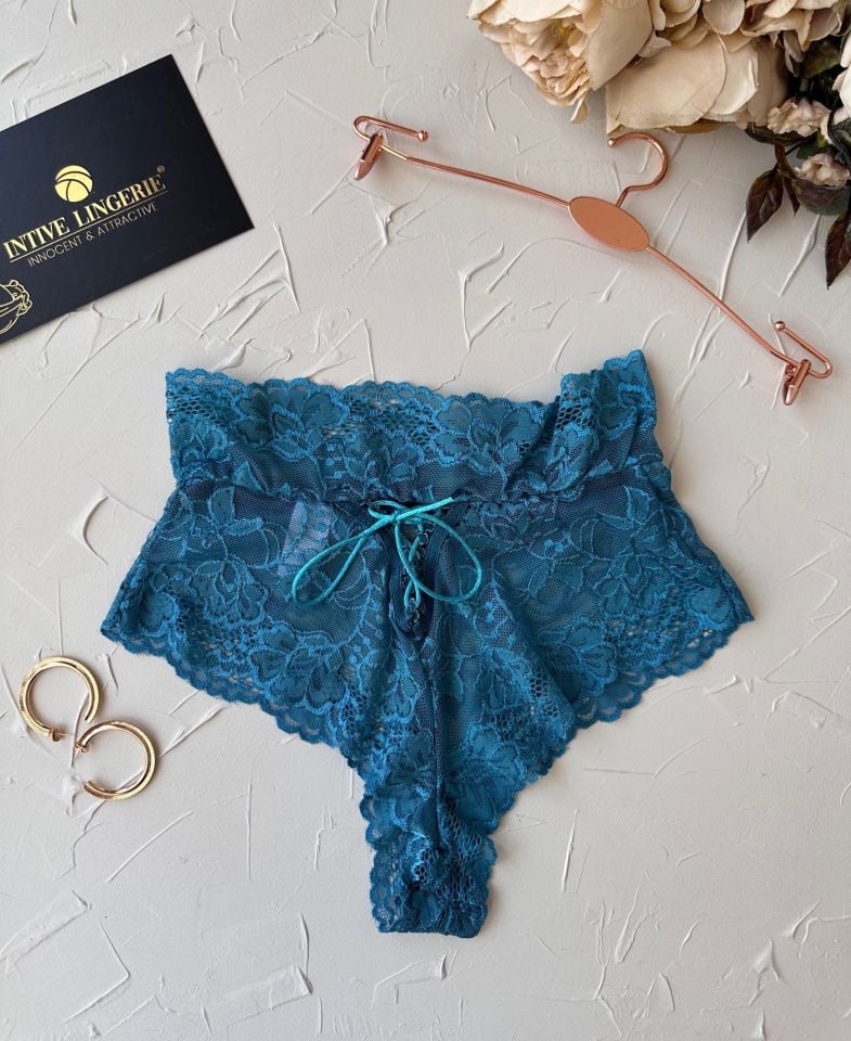 Intive Babe Dantelli Arkası Bağlama Detaylı Yüksek Bel Brazilian Tanga Mavi - XS/S