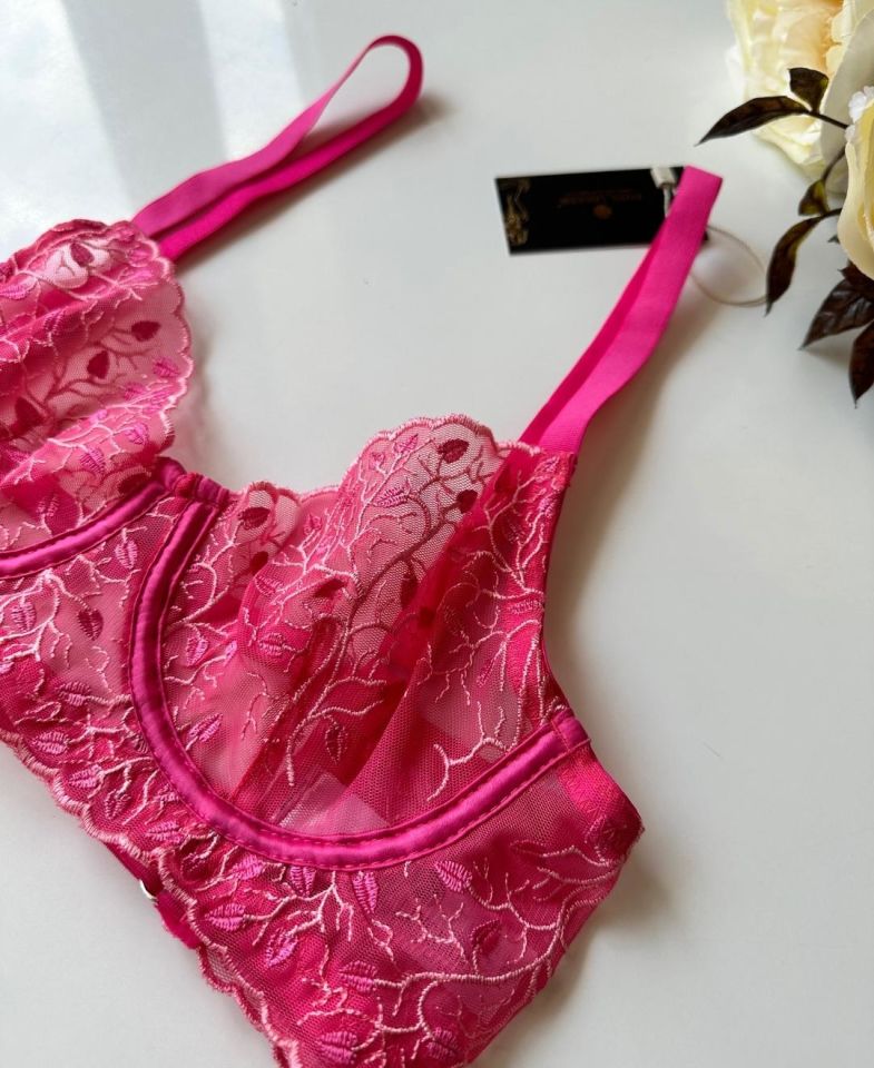 Milena Şeker Pembe Arkadan Ayarlanabilir Dal Çiçek Desenli Sütyen String Takım- limited 85