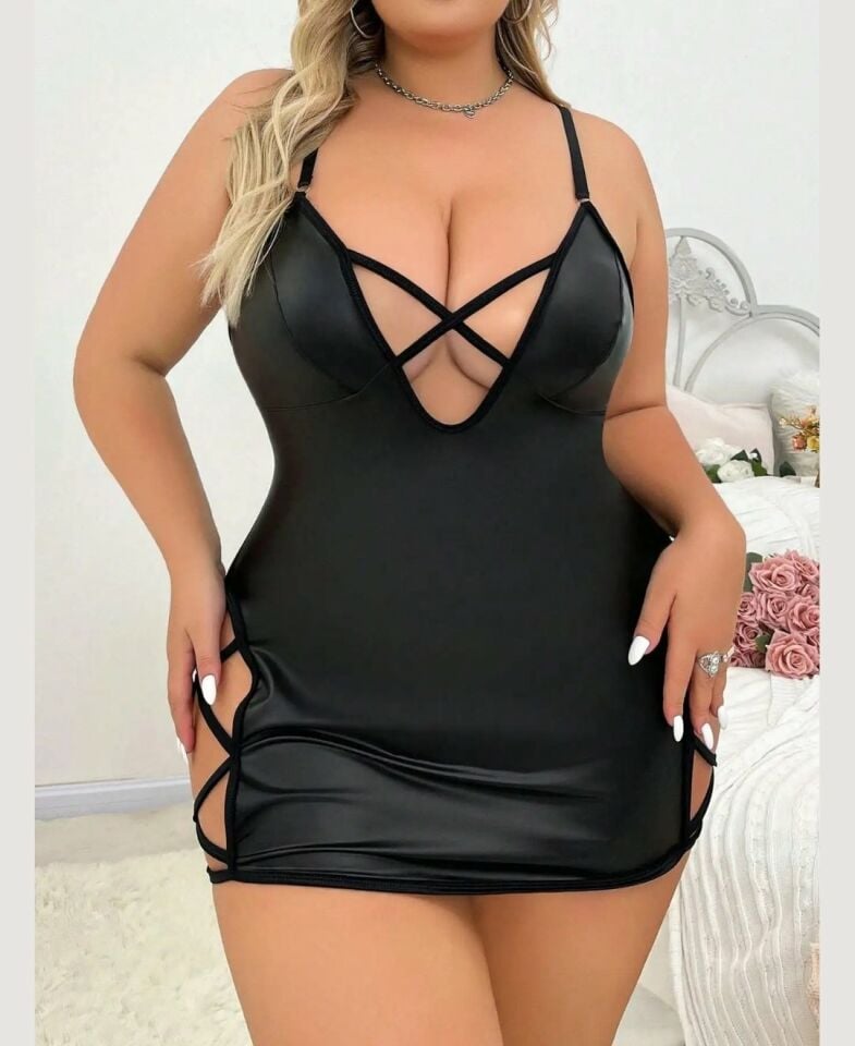 Kadın Büyük Beden Yan Dekolteli Siyah Gecelik/Babydoll -(XL/2XL-3XL/4XL)-3678 Siyah - 3XL/4XL