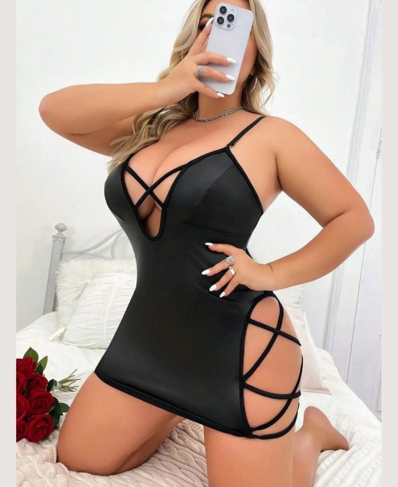Kadın Büyük Beden Yan Dekolteli Siyah Gecelik/Babydoll -(XL/2XL-3XL/4XL)-3678 Siyah - 3XL/4XL