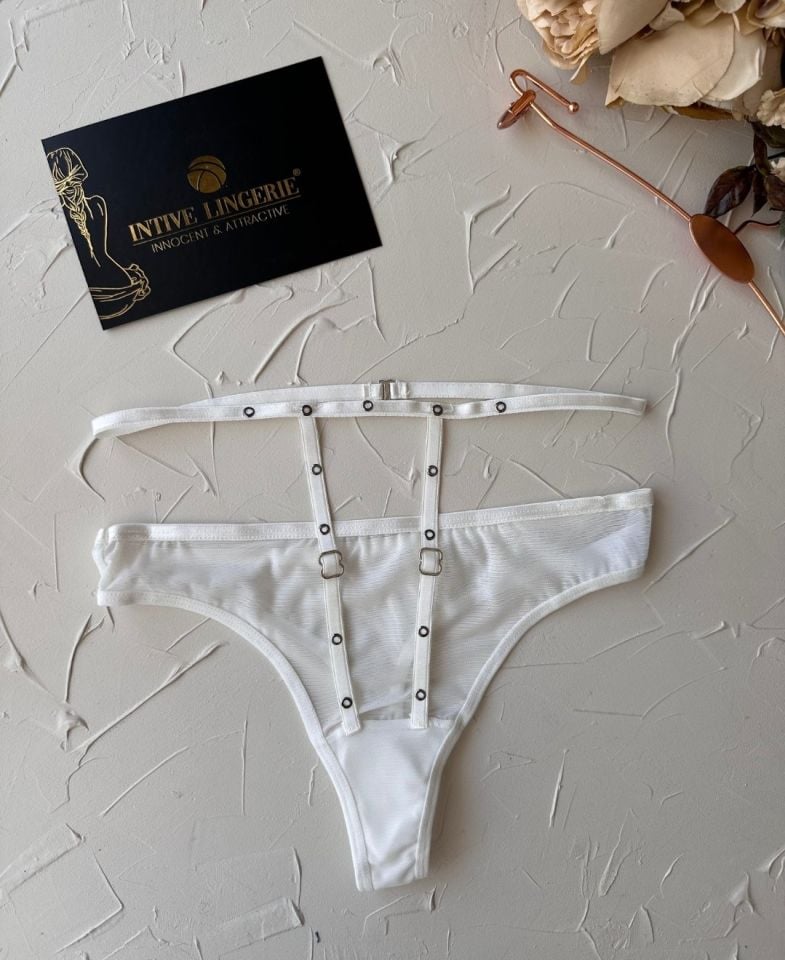 Kadın Yüksel Bel Şerit Detaylı Ağı Pamuklu Halka Detaylı Tül Tanga Beyaz - L/XL