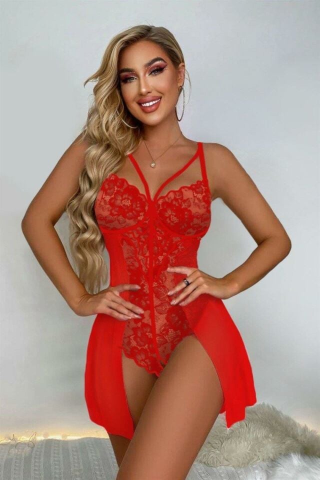 YNT Kırmızı Özel Bölgesi Açık Babydoll Gecelik 15034 Kırmızı - L/XL