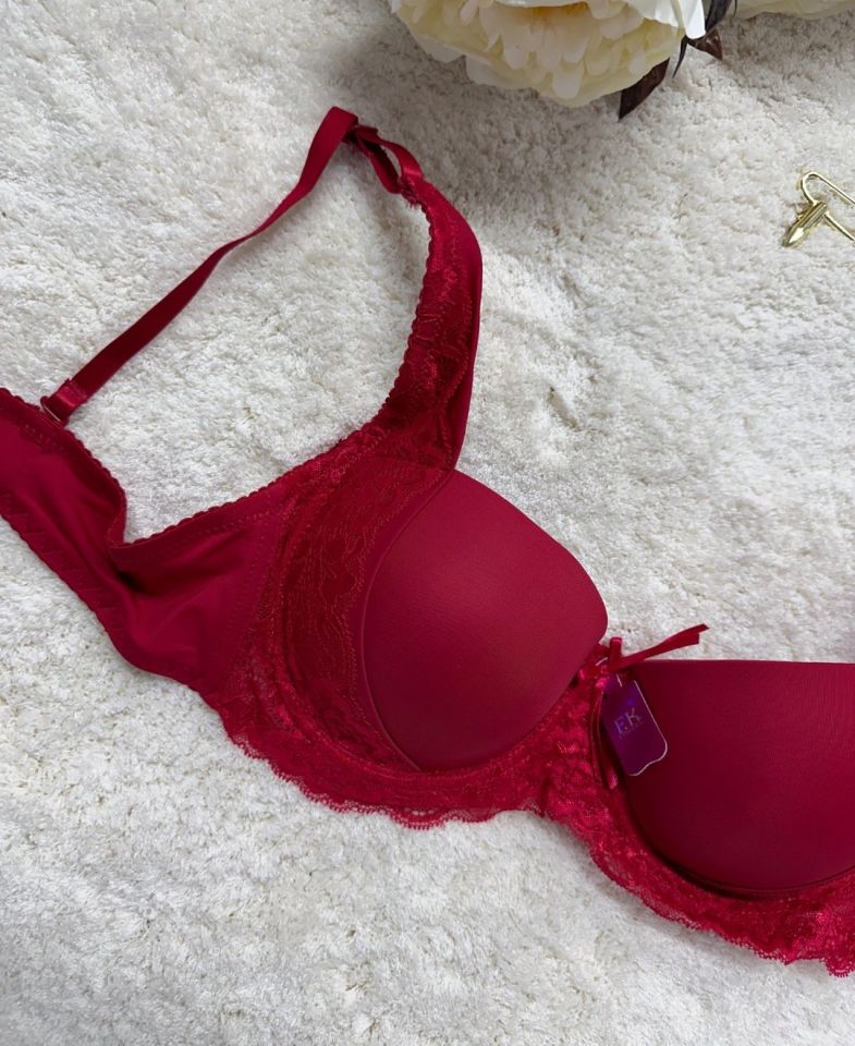 FK Lingerie Dantelli Push-up Balenli İthal Kaliteli Sütyen (Fırsat Ürünü)- 189 Kırmızı - 75B