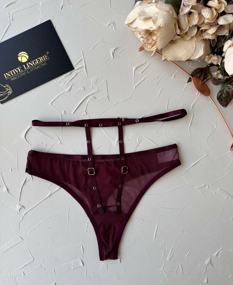Kadın Yüksel Bel Şerit Detaylı Ağı Pamuklu Halka Detaylı Tül Tanga Bordo - L/XL