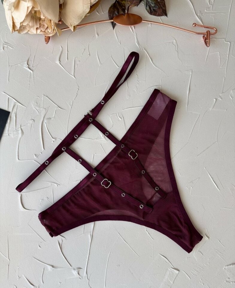 Kadın Yüksel Bel Şerit Detaylı Ağı Pamuklu Halka Detaylı Tül Tanga Bordo - L/XL