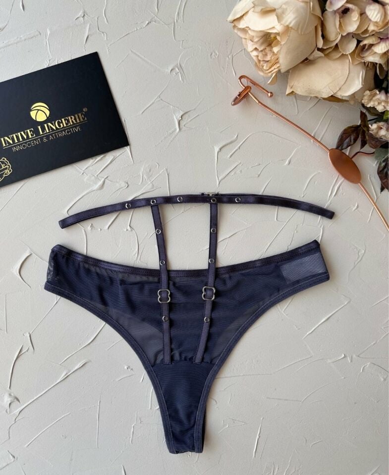 Kadın Yüksel Bel Şerit Detaylı Ağı Pamuklu Halka Detaylı Tül Tanga Gri - L/XL