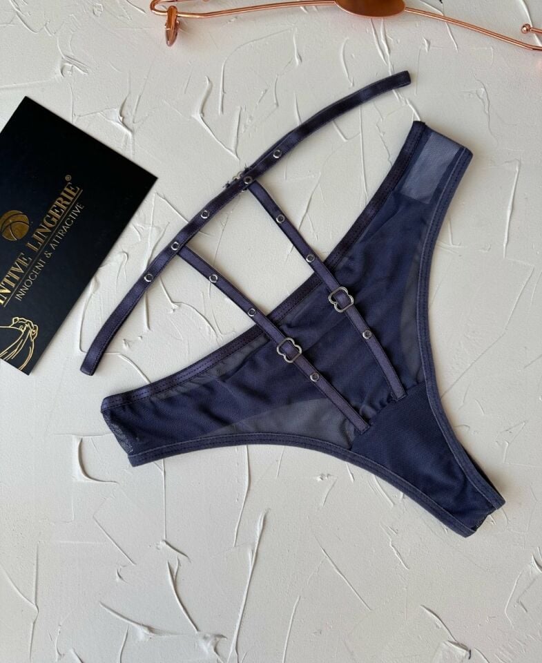 Kadın Yüksel Bel Şerit Detaylı Ağı Pamuklu Halka Detaylı Tül Tanga Gri - L/XL