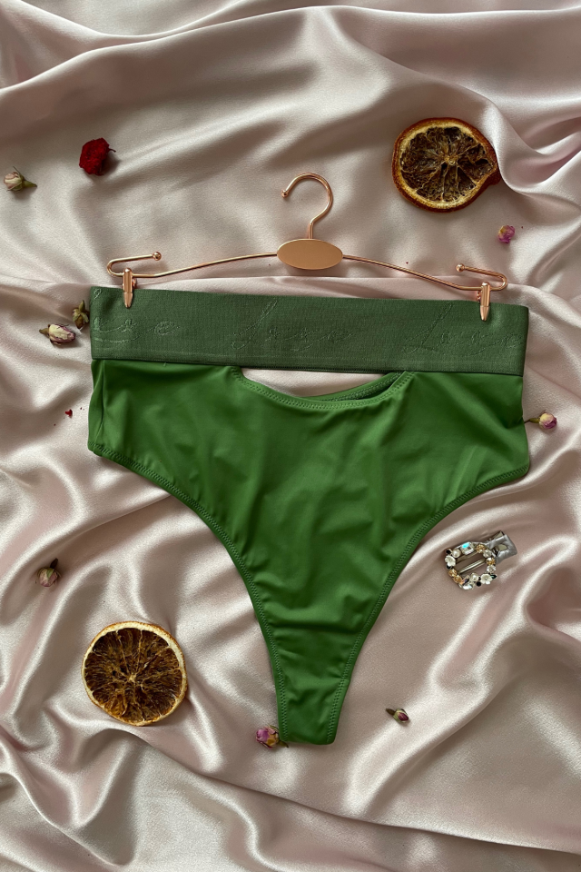 Kadın Yeşil Yüksek Bel Önü Pencere Detaylı Ice-Silk Tasarım Tanga- Riley