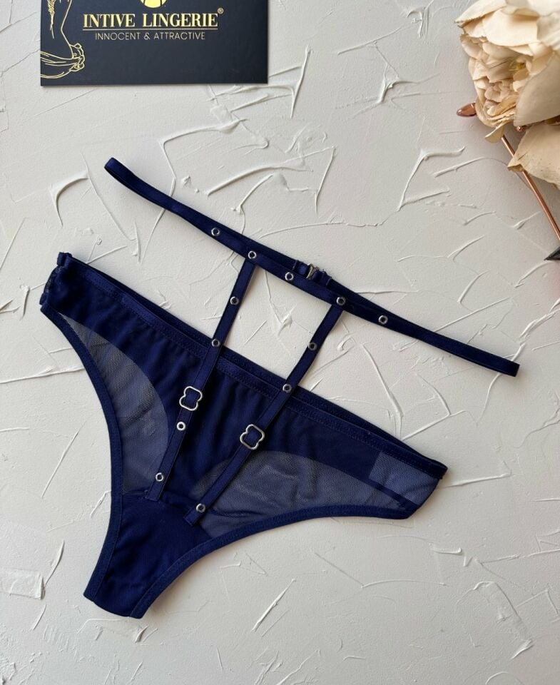 Kadın Yüksel Bel Şerit Detaylı Ağı Pamuklu Halka Detaylı Tül Tanga Lacivert - L/XL