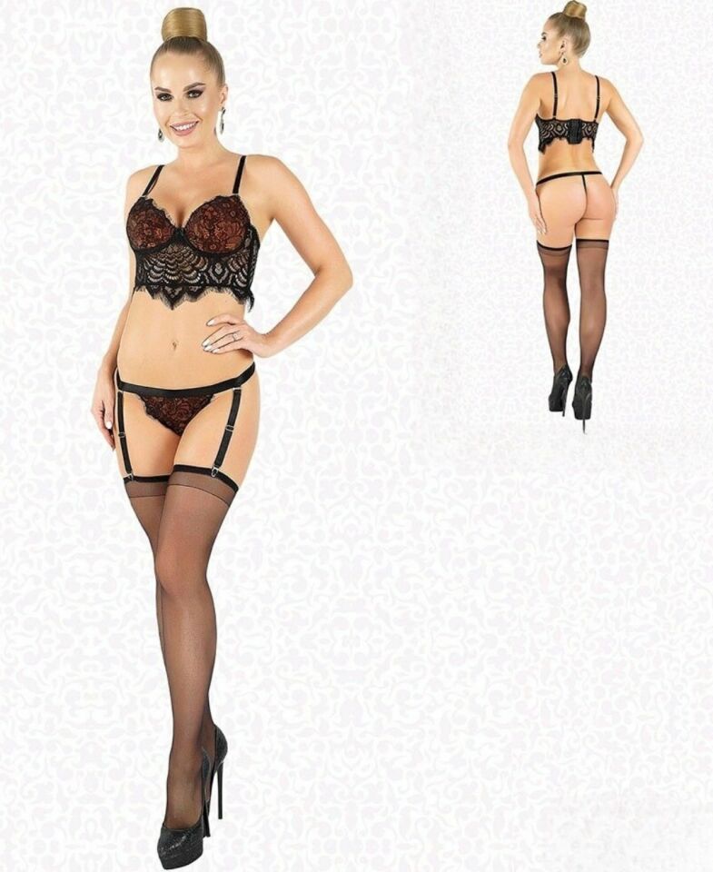 Sakallı Dantelden Balenli Sütyen Jartiyerli String Çoraplı Takım - 10100 Siyah - XL