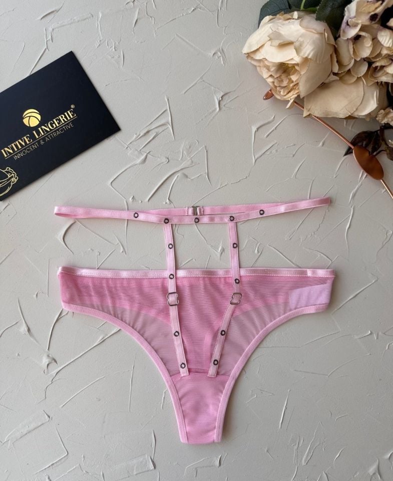 Kadın Yüksel Bel Şerit Detaylı Ağı Pamuklu Halka Detaylı Tül Tanga Pembe - L/XL