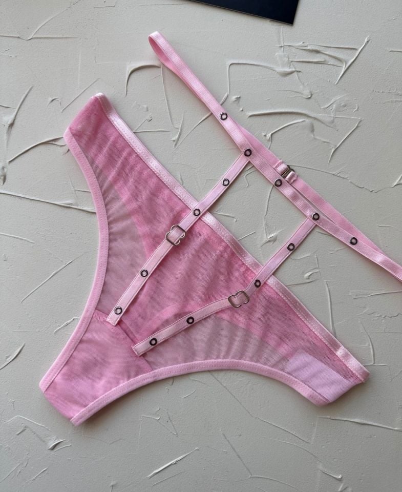 Kadın Yüksel Bel Şerit Detaylı Ağı Pamuklu Halka Detaylı Tül Tanga Pembe - L/XL