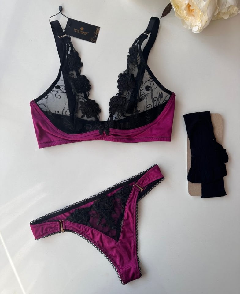 Fuşya Siyah Güpürlü Dantelden Balenli Sütyen Tanga Takım - 5315 Siyah/Pembe - XL