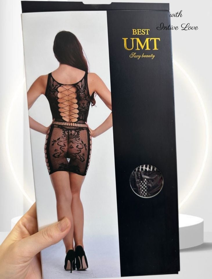 Intive Önü ve Yanları Fileli Dantel Desenli Mini Çorap Elbise Siyah - Standart