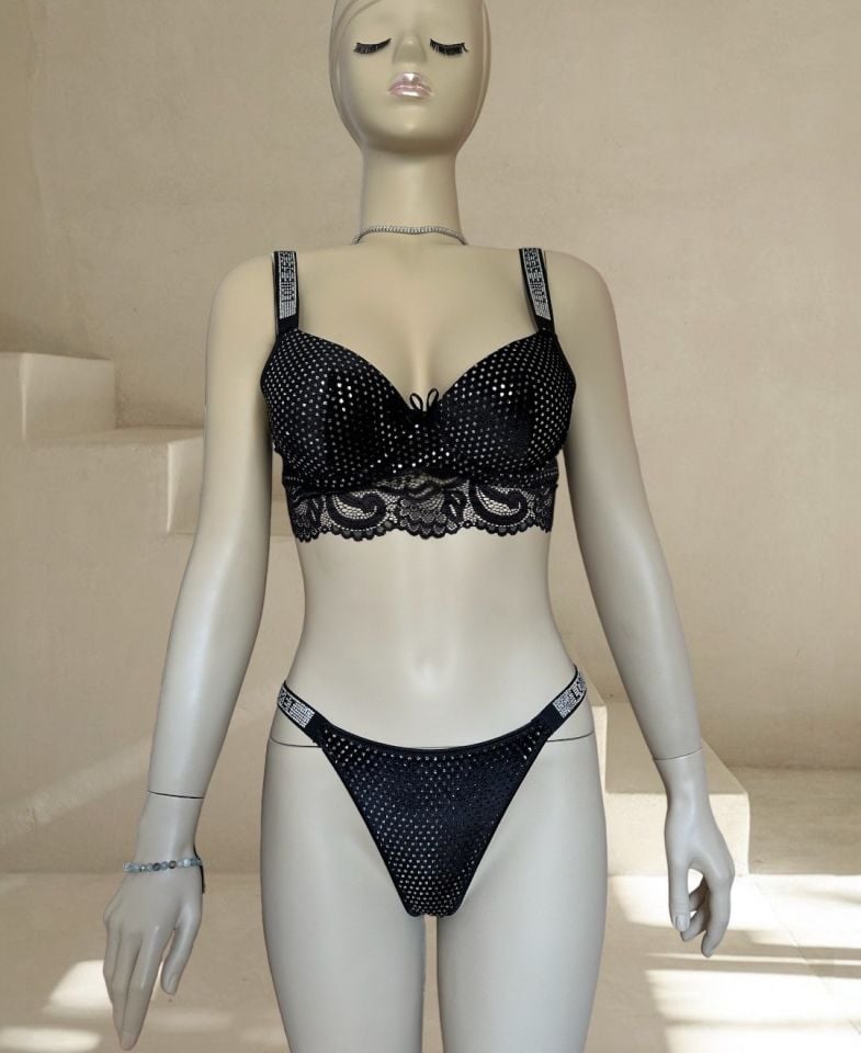 Emma Kadife Pullu Taşlı Love Secret Askılı Push-up Sütyen Takım (Limited) Siyah - 75B
