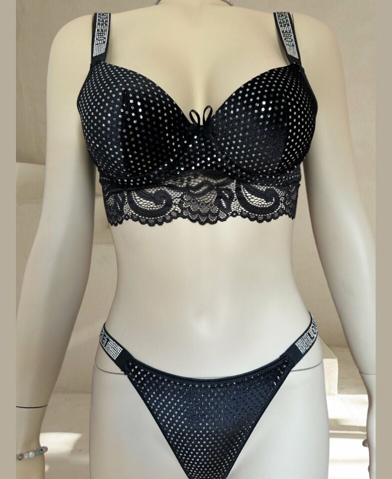 Emma Kadife Pullu Taşlı Love Secret Askılı Push-up Sütyen Takım (Limited) Siyah - 75B