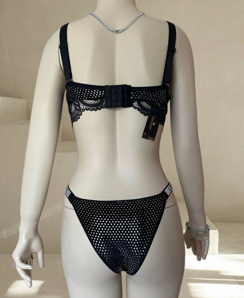 Emma Kadife Pullu Taşlı Love Secret Askılı Push-up Sütyen Takım (Limited) Siyah - 80B
