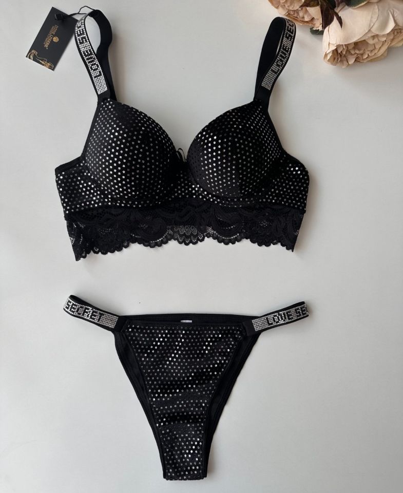 Emma Kadife Pullu Taşlı Love Secret Askılı Push-up Sütyen Takım (Limited) Siyah - 80B