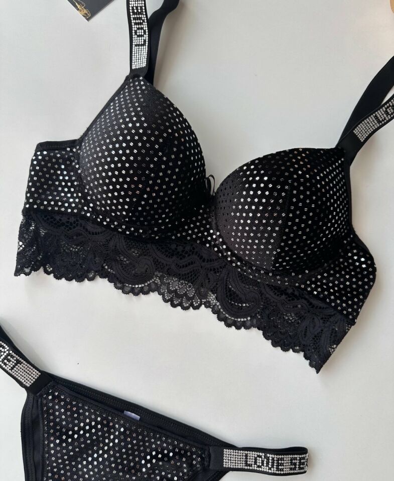 Emma Kadife Pullu Taşlı Love Secret Askılı Push-up Sütyen Takım (Limited) Siyah - 80B