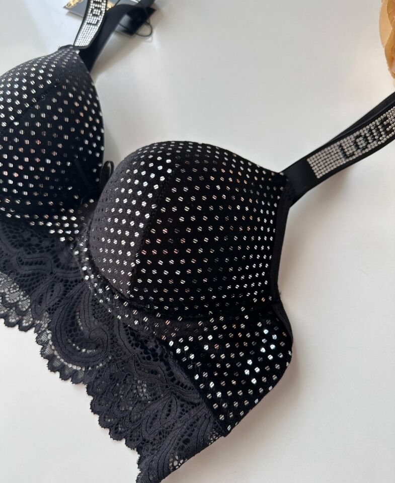 Emma Kadife Pullu Taşlı Love Secret Askılı Push-up Sütyen Takım (Limited) Siyah - 80B