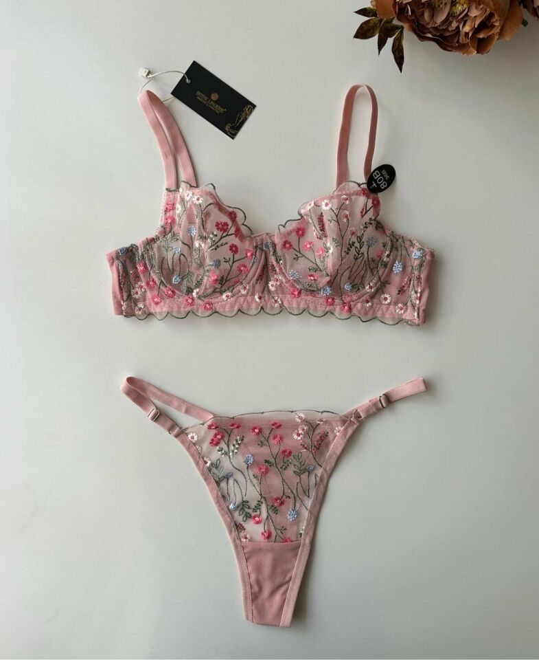 Katherina Barbie Pembe Çiçekli Transparan Sütyen Takım (Prenses gibi hisset!) Pembe - 90B