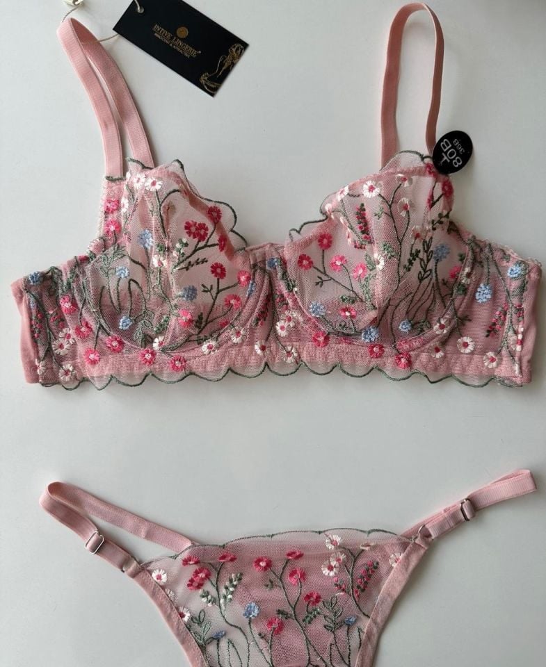 Katherina Barbie Pembe Çiçekli Transparan Sütyen Takım (Prenses gibi hisset!) Pembe - 90B