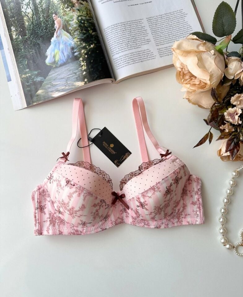 Aria Pembe Kahverengi Çiçek Desenli Push-up Puantiyeli Vintage Sütyen Pembe - 90B