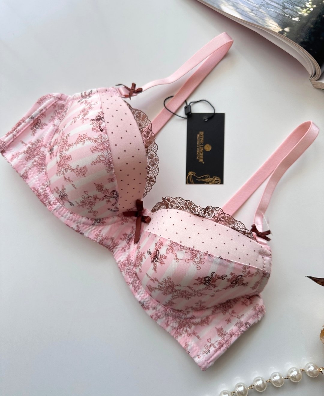Aria Pembe Kahverengi Çiçek Desenli Push-up Puantiyeli Vintage Sütyen Pembe - 85B