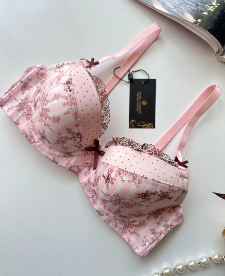 Aria Pembe Kahverengi Çiçek Desenli Push-up Puantiyeli Vintage Sütyen Pembe - 90B
