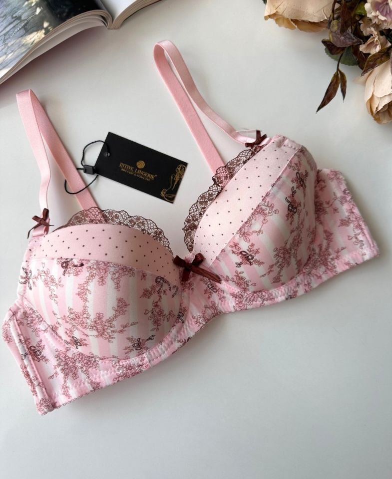 Aria Pembe Kahverengi Çiçek Desenli Push-up Puantiyeli Vintage Sütyen Pembe - 85B