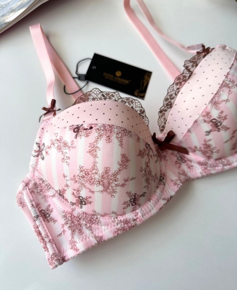 Aria Pembe Kahverengi Çiçek Desenli Push-up Puantiyeli Vintage Sütyen Pembe - 85B