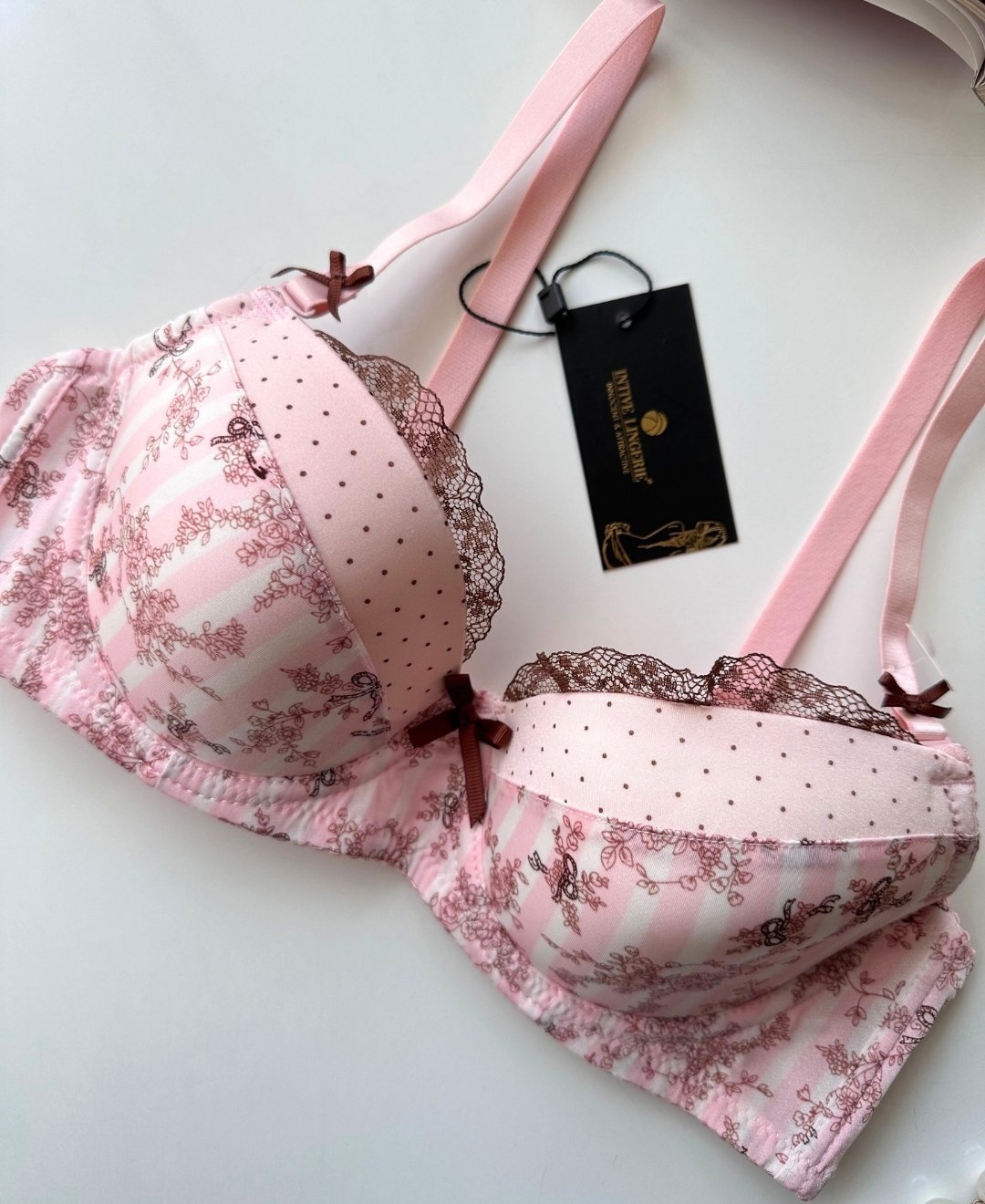 Aria Pembe Kahverengi Çiçek Desenli Push-up Puantiyeli Vintage Sütyen Pembe - 85B