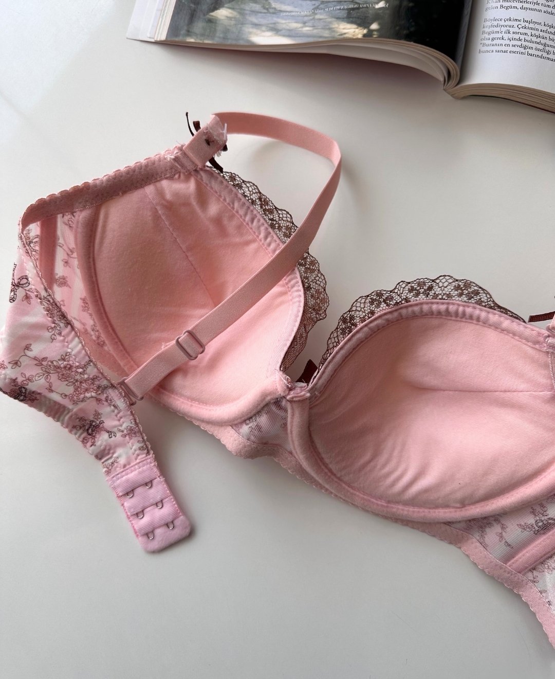 Aria Pembe Kahverengi Çiçek Desenli Push-up Puantiyeli Vintage Sütyen Pembe - 85B