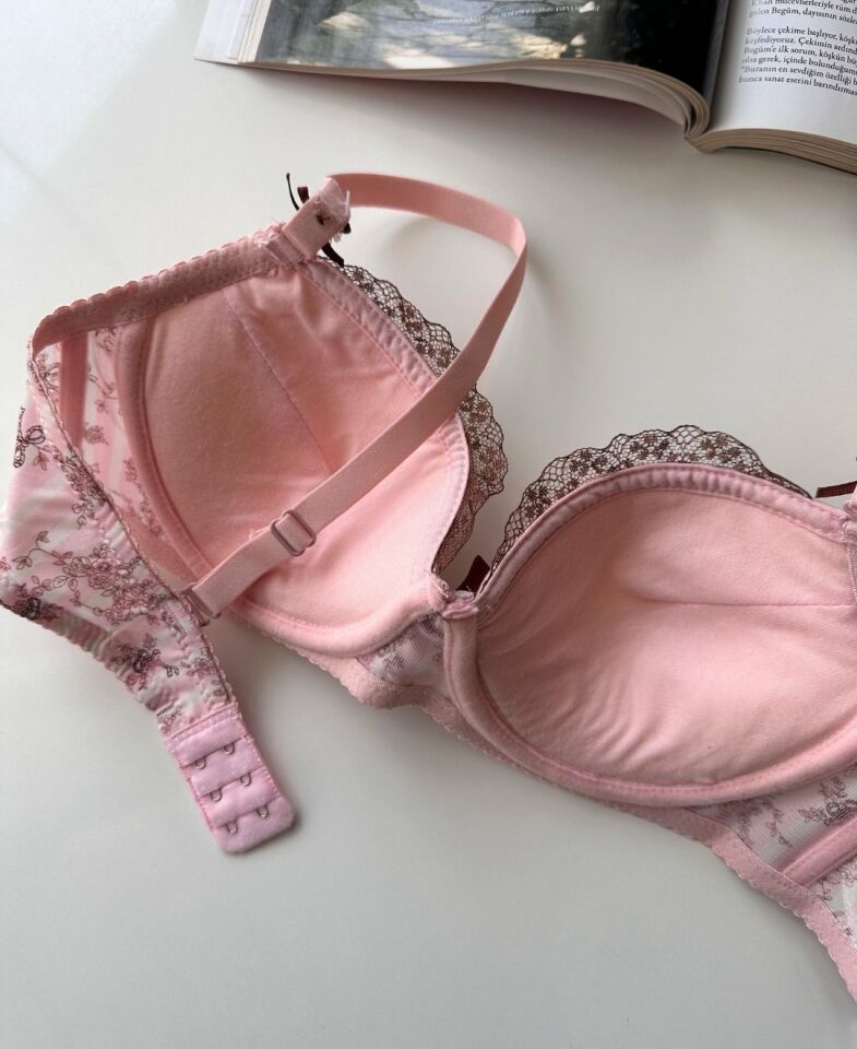 Aria Pembe Kahverengi Çiçek Desenli Push-up Puantiyeli Vintage Sütyen Pembe - 85B
